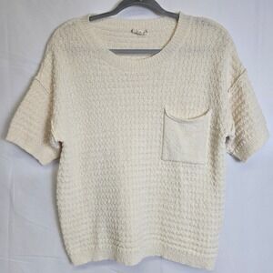 Hem & Thread Short Sleeve Knit Sweater Pocket Cream Cottagecore Boho‎ Medium